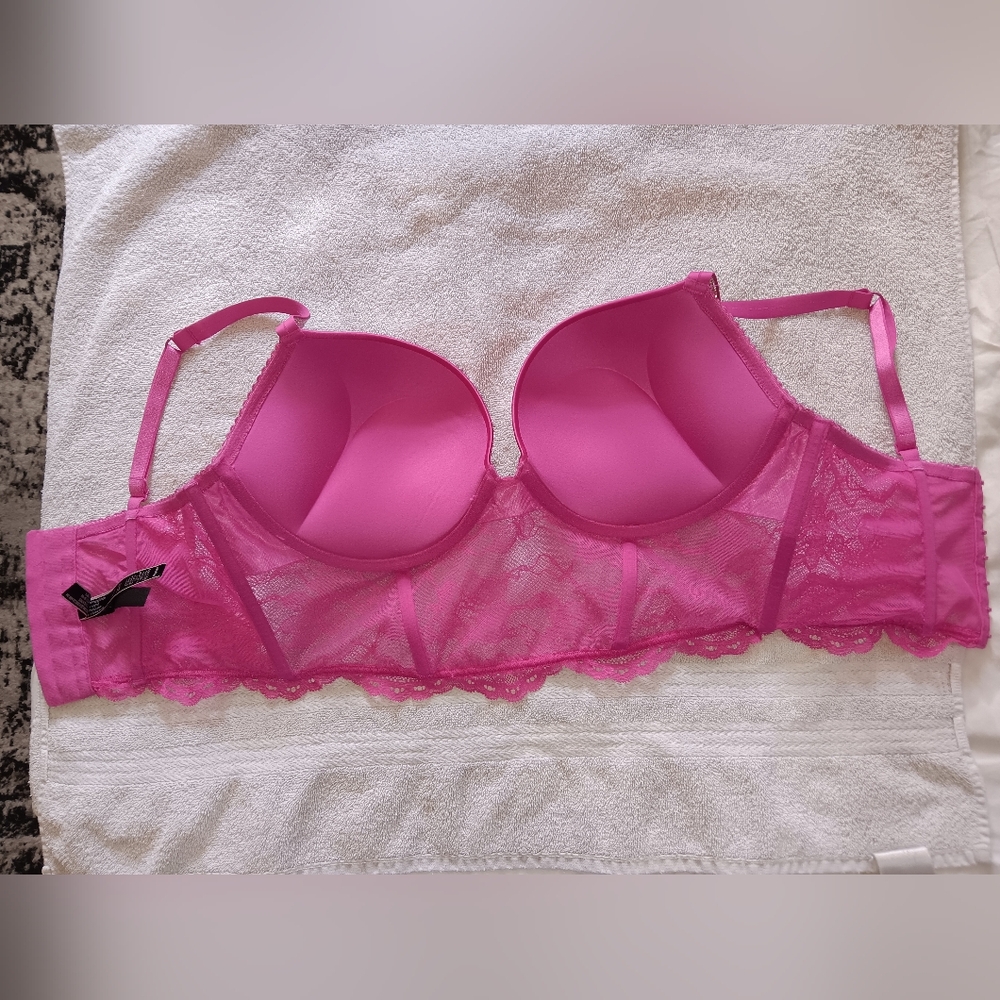 Victoria's Secret Very Sexy Hot Pink Lace Shine Strap Push-Up Corset Top. 36D. - Picture 13 of 13